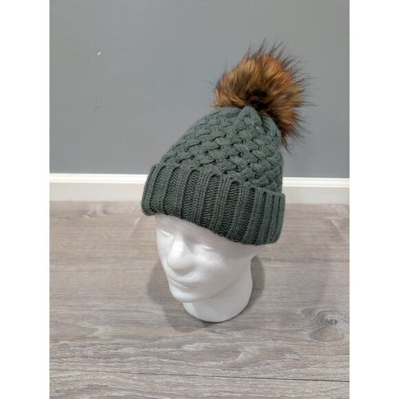 Mountain Warehouse FLEECE LINED Green Cable Knit PomPom Beanie Hat Winter Warm - Picture 1 of 13